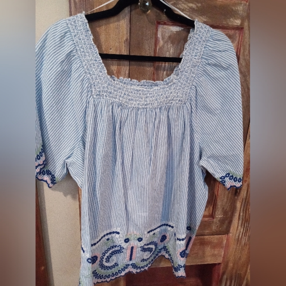 Crown & Ivy Light Blue Striped Blouse with Colorful Embroidery